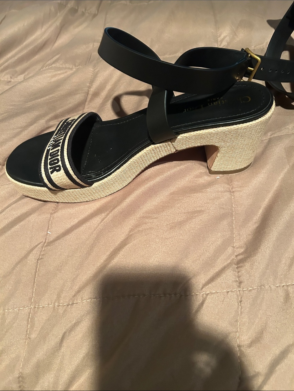 Dior Black Leather Sandals with Beige Logo Strap - Picture 4 of 4